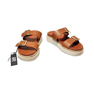 Steve Madden NYC Cognac Tan Platform 2-Strap Raffia Band Sandals Women’s Size 9